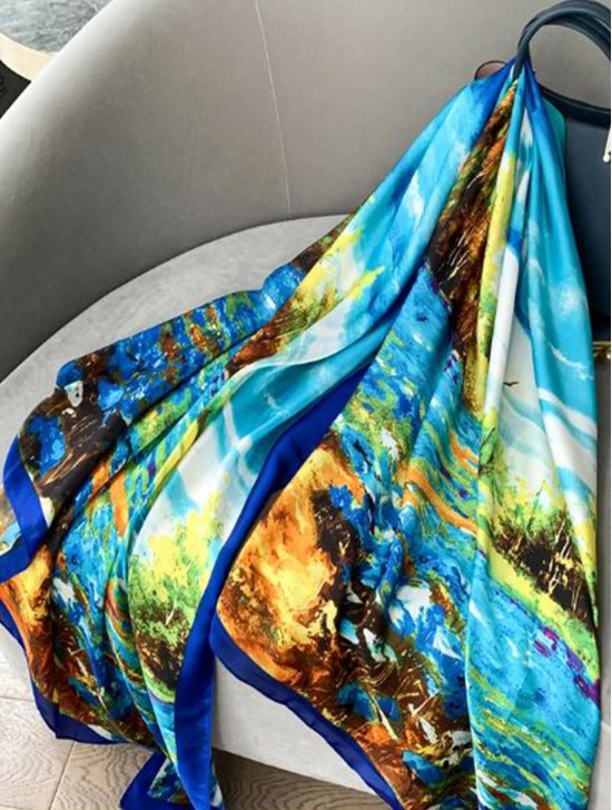 Premium Silk Feeling Vibrant Scenery Print Scarf